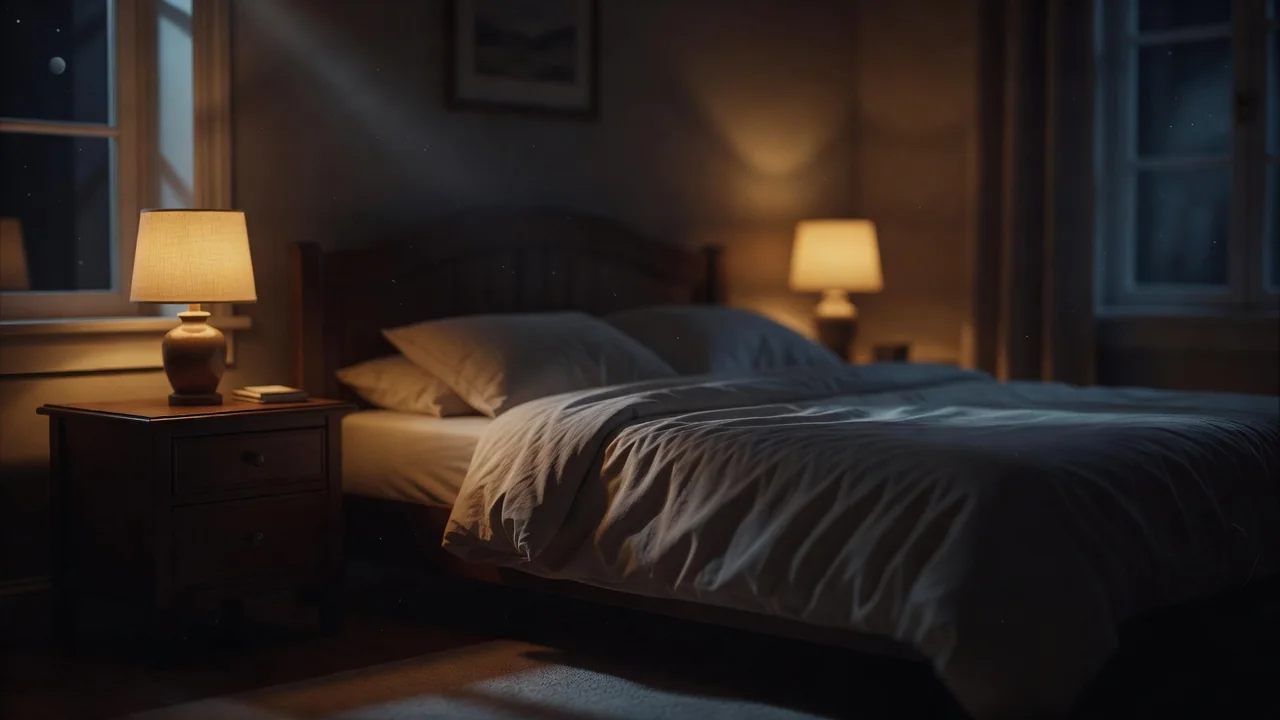 Dark calm bedroom with soft warm light before sleep