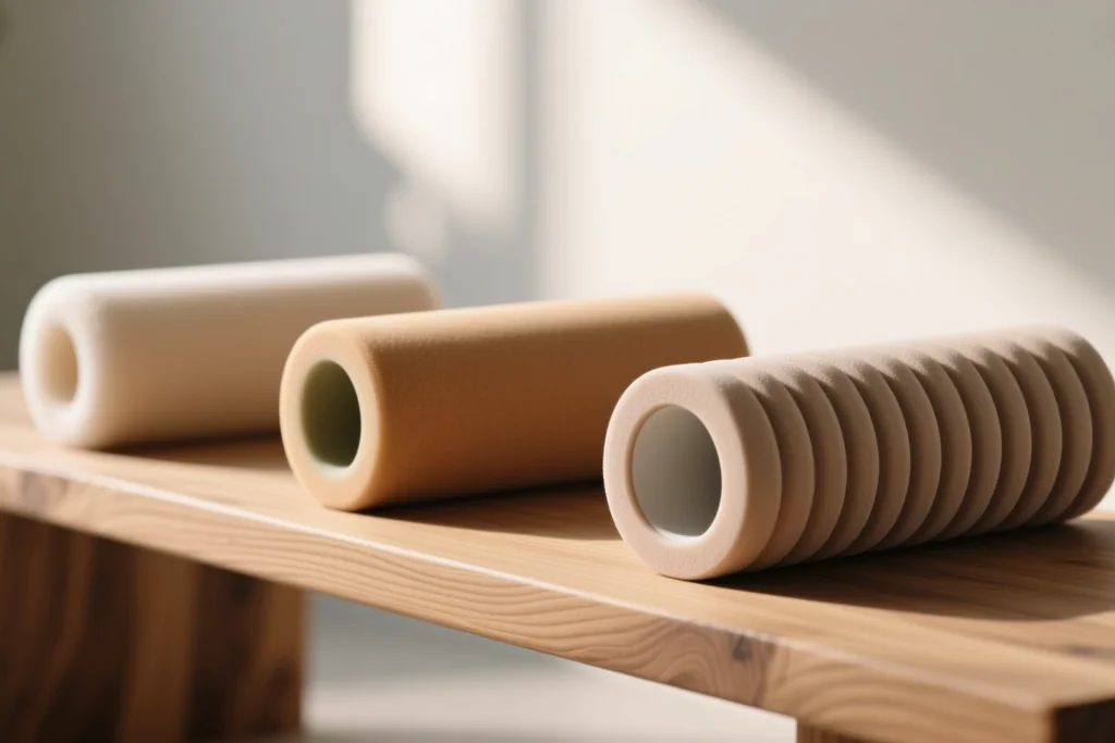 Three foam rollers of different densities on a wooden bench