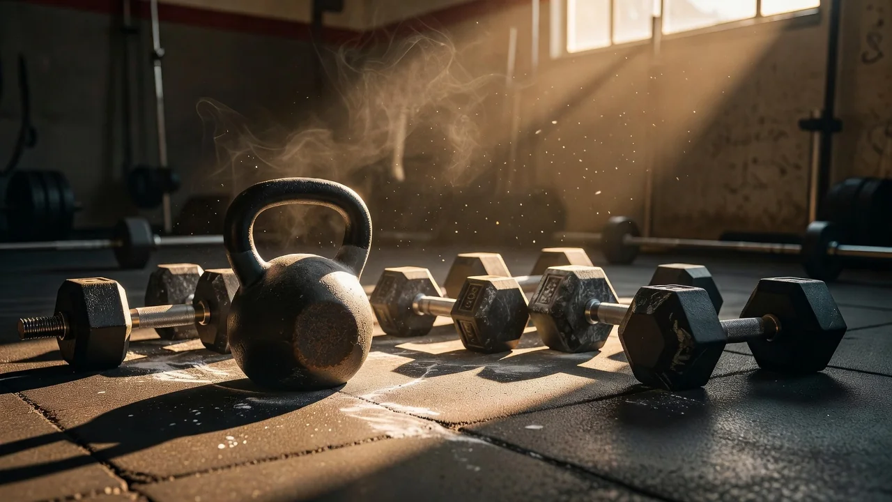 Kettlebell and dumbbells on a gym floor ready for a short strength session