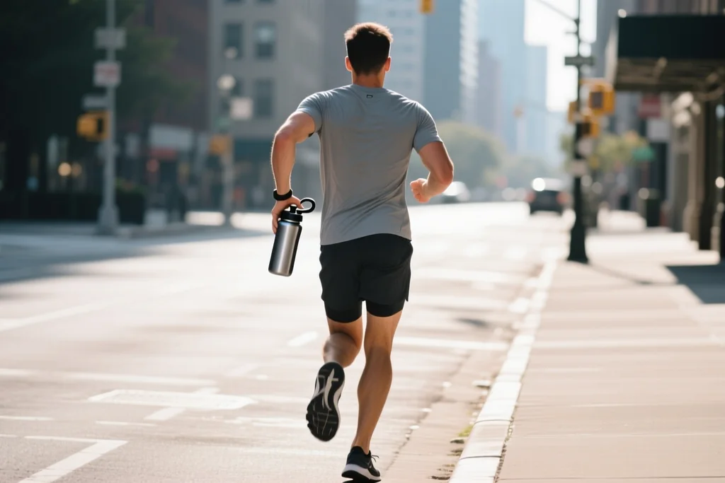 Runner carrying a handheld bottle on a city sidewalk