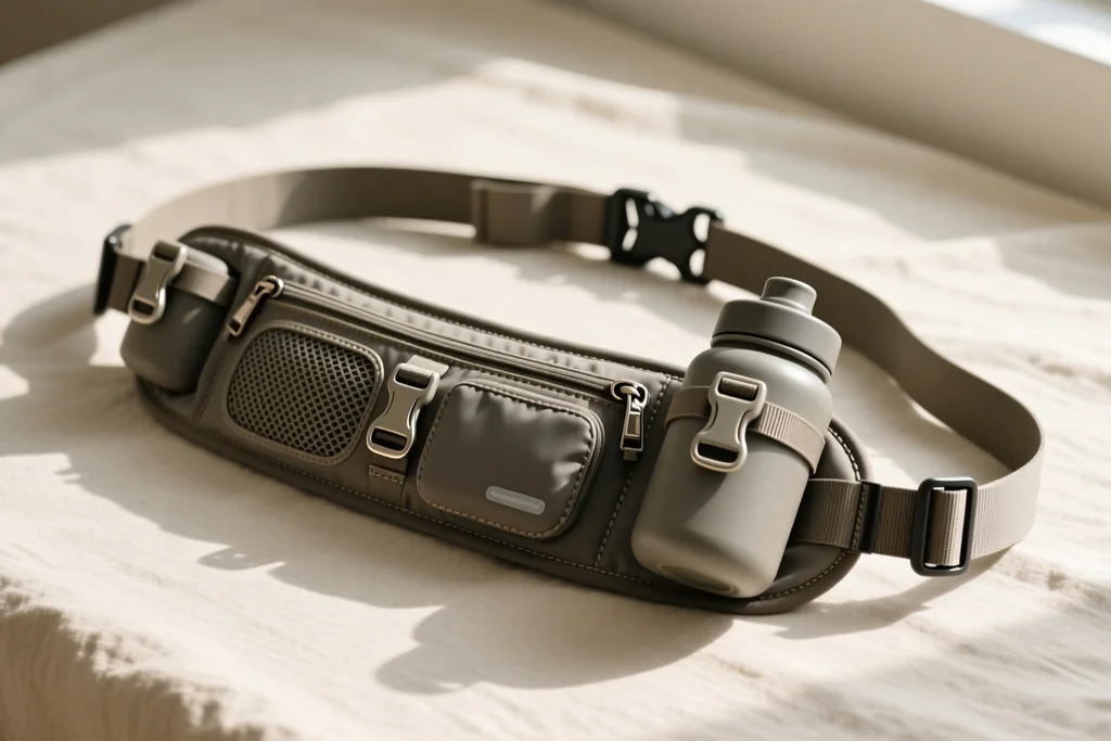 Flat-lay of a hydration belt on a wooden table