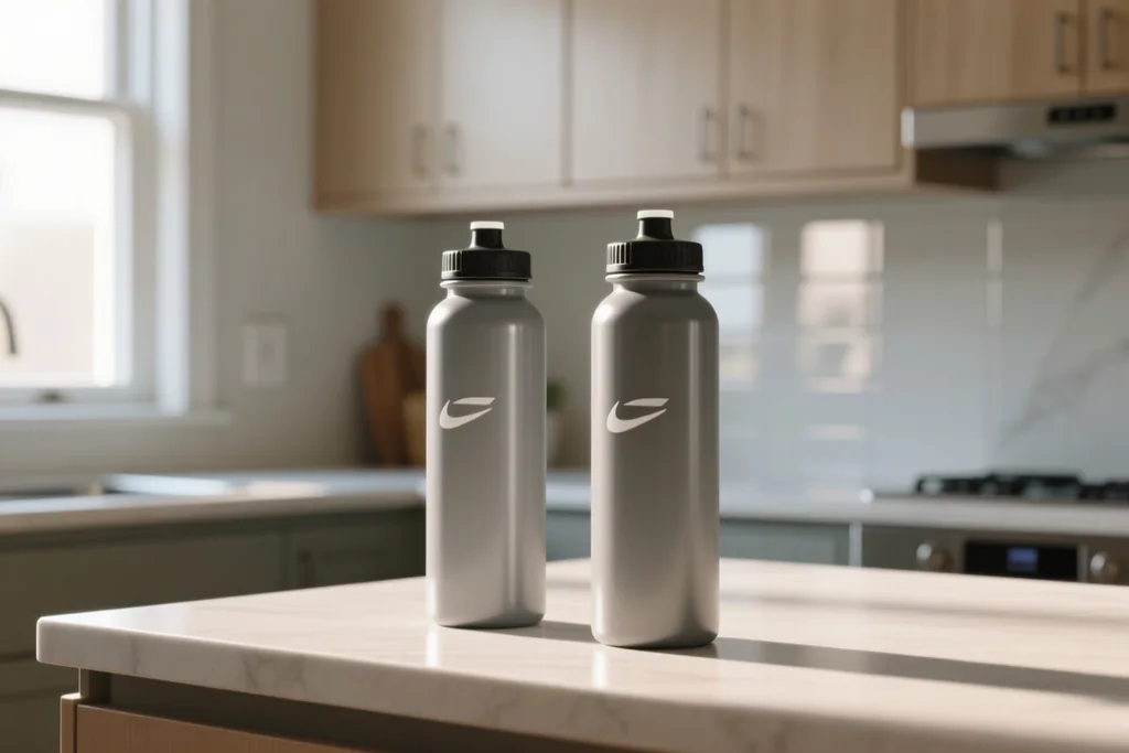 Soft flasks arranged on a wooden table with running shoes