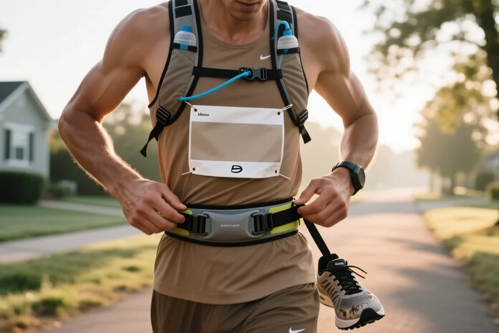 Runner adjusting hydration belt straps before a long run