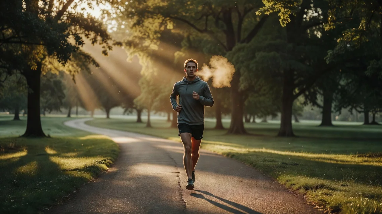 Amateur runner on an empty park path at sunrise during an easy base run