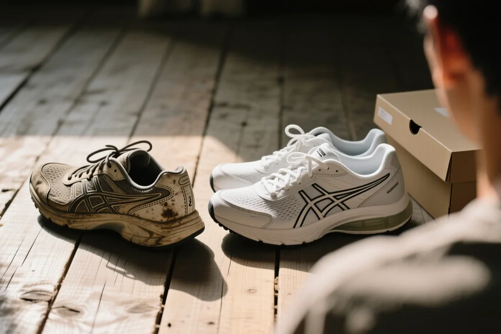 Worn running shoes beside a fresh pair on a wooden floor