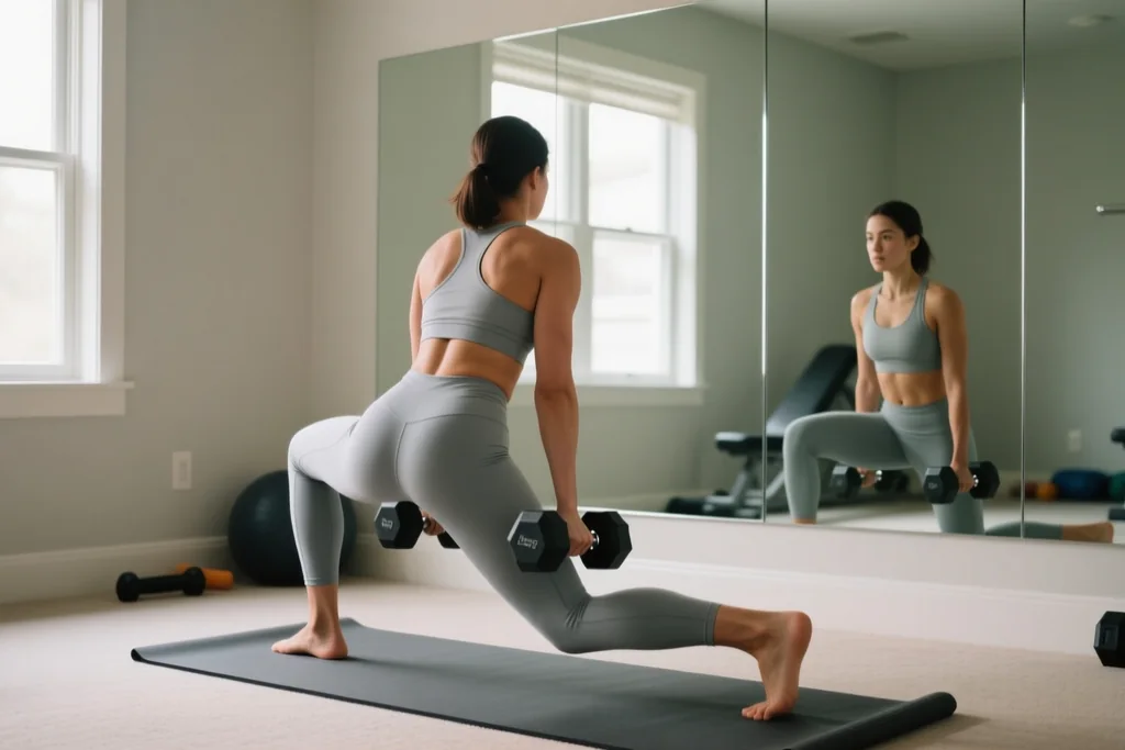 Athlete doing a single-leg deadlift with a dumbbell at home