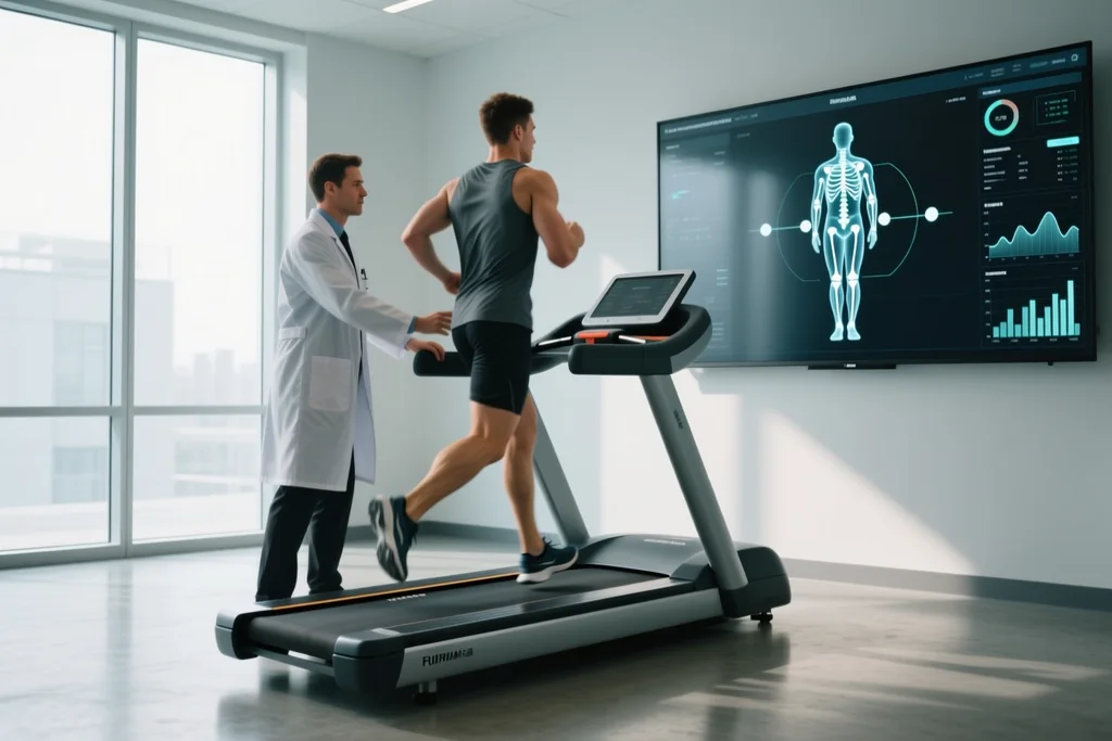 Gait assessment on a treadmill with motion analysis display behind