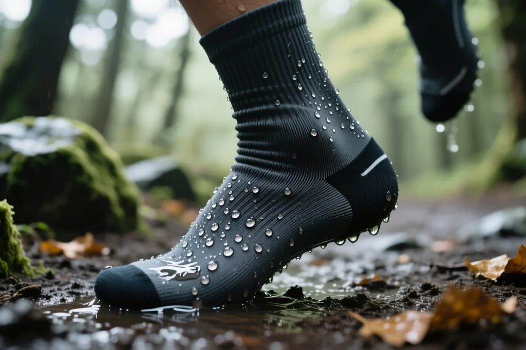 Runner crossing a wet trail in nylon-blend running socks