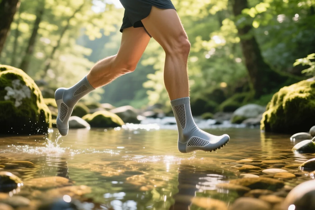 Runner wading a stream in lightweight ventilated polyester socks