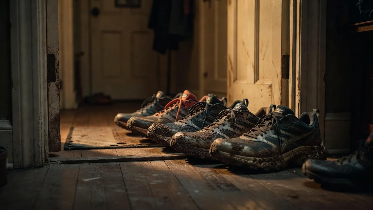 Row of well-used running shoes lined up by a door after training