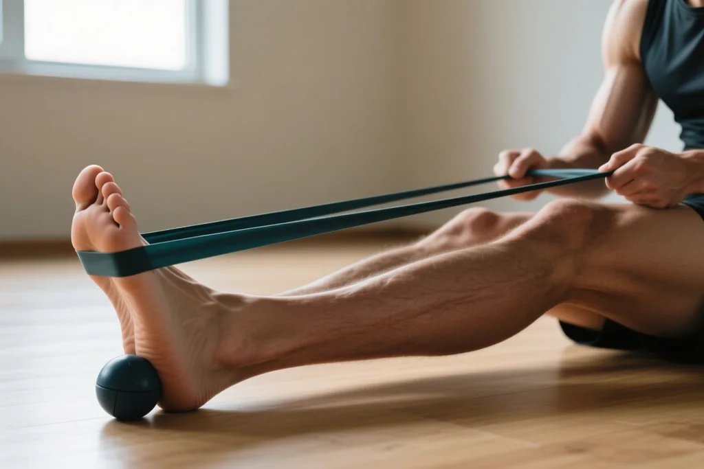 Resistance band pulling the toes toward the shin