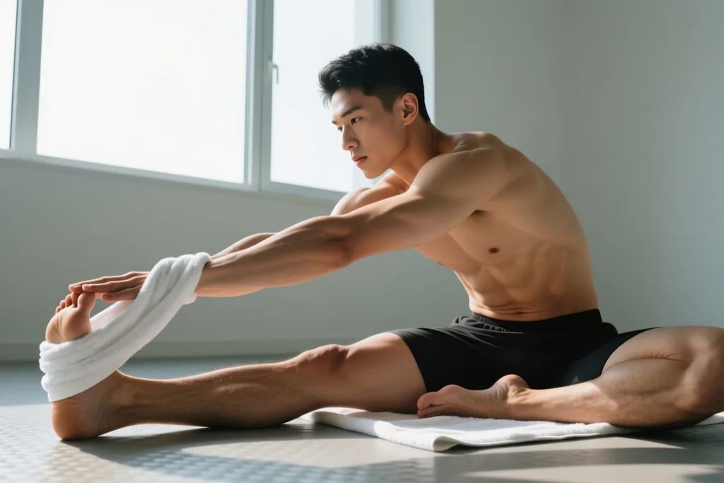 Seated towel calf stretch on the floor