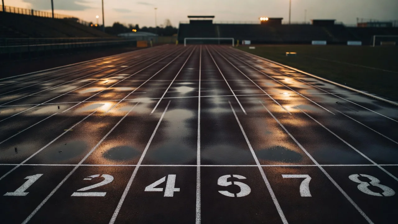 Empty athletics track lanes in the evening light before a workout