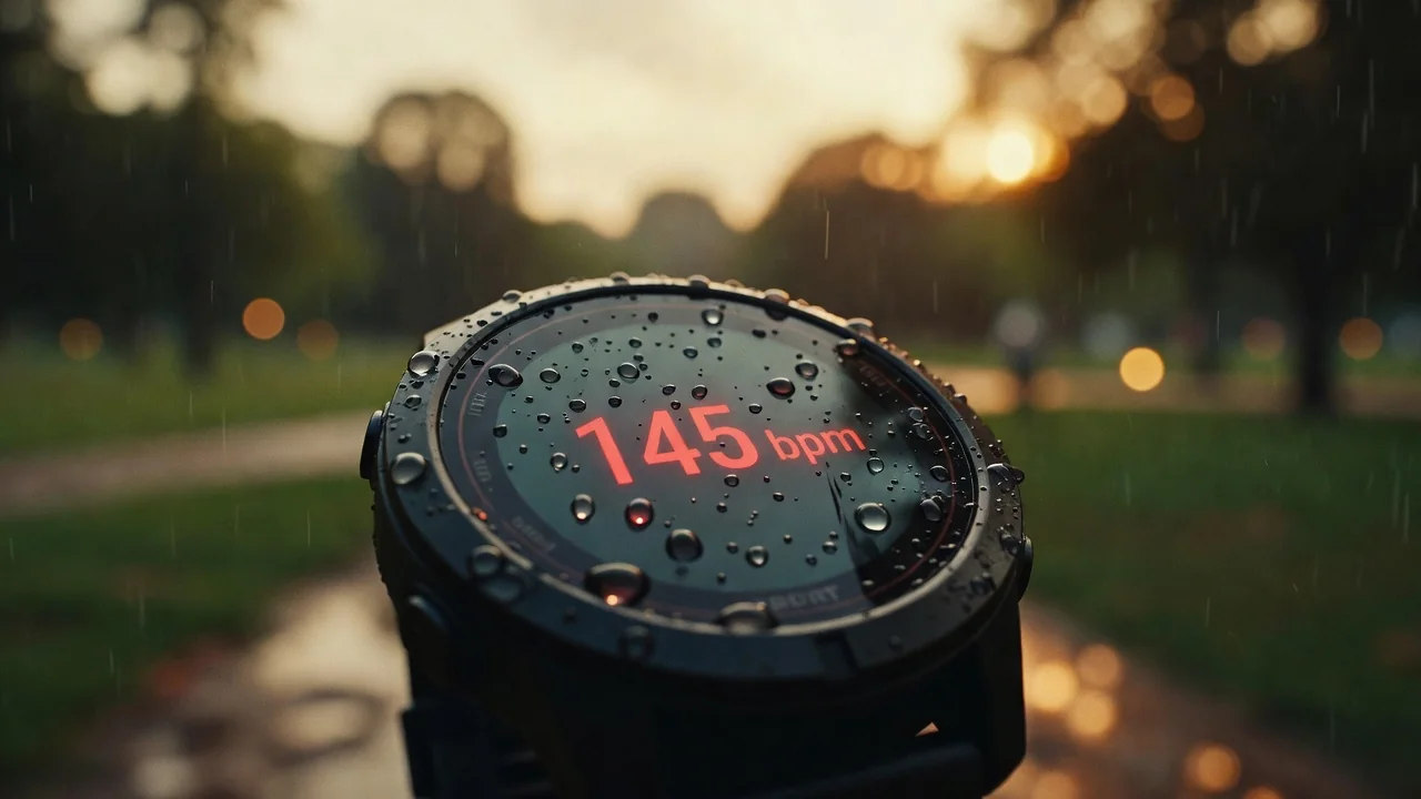 Close-up of a GPS sports watch showing pace and heart rate during a run