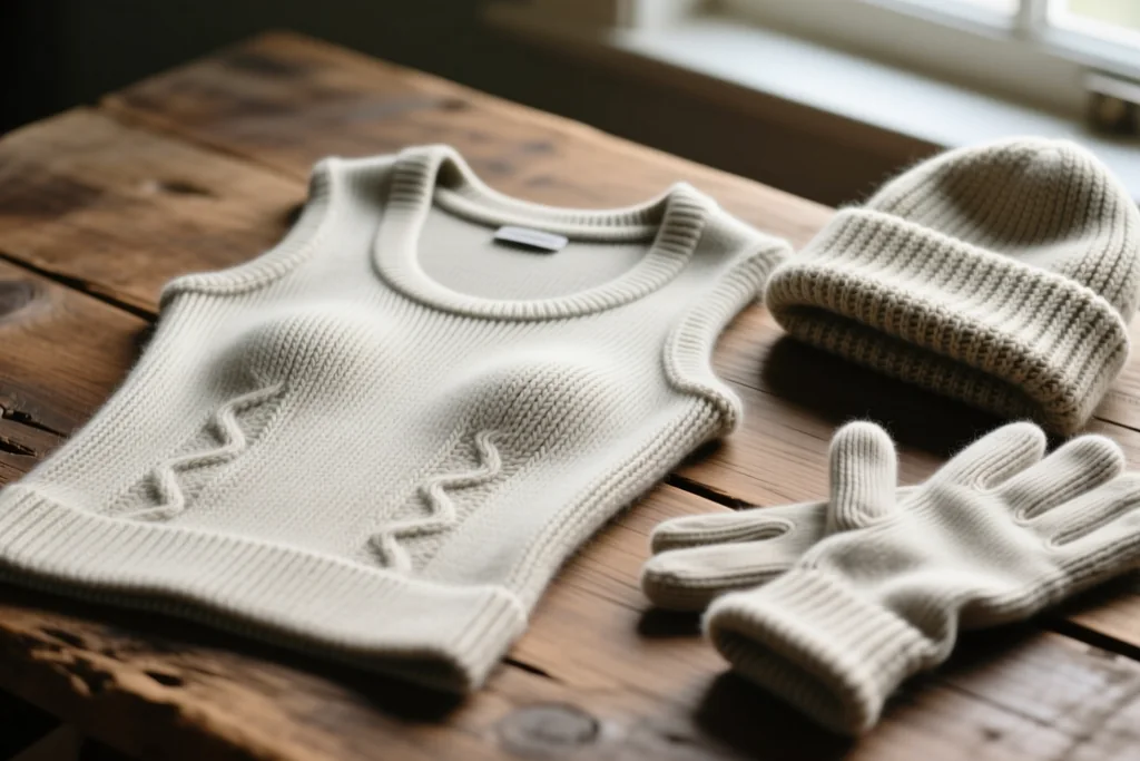 Merino base layer laid flat with gloves and hat