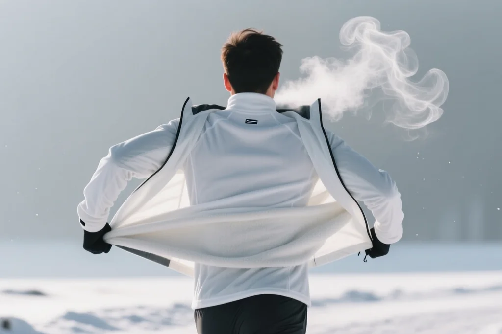 Removing a shell jacket mid-run to reveal a fleece layer