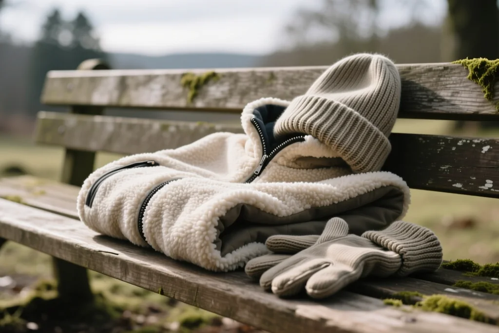 Complete winter running outfit arranged as a flat-lay